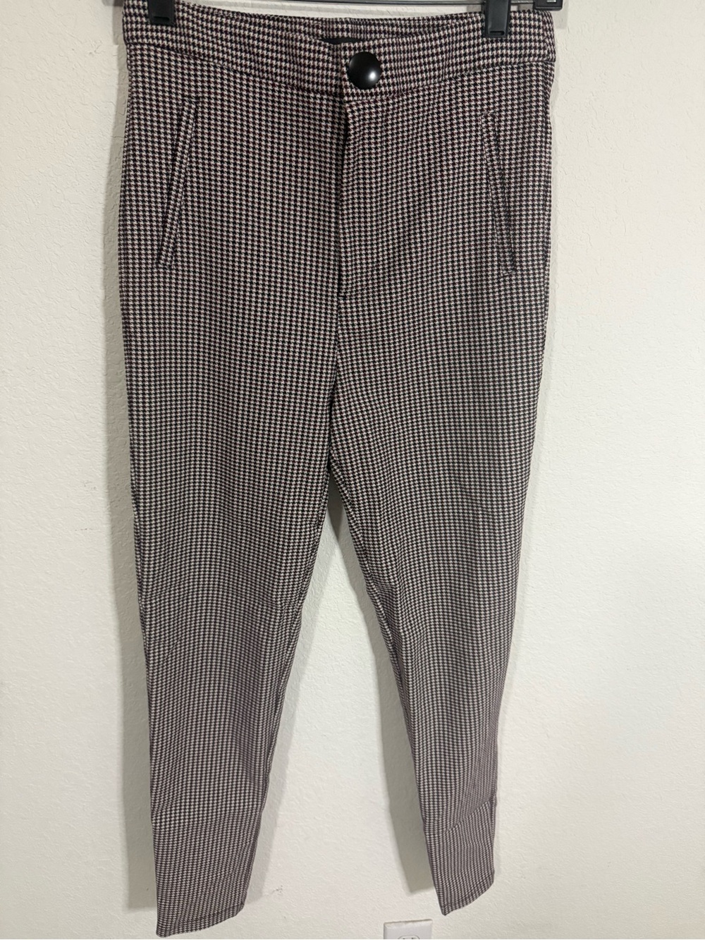 Zara High Waist Slim Stretch Houndstooth Pants in Black, Burgundy, and White